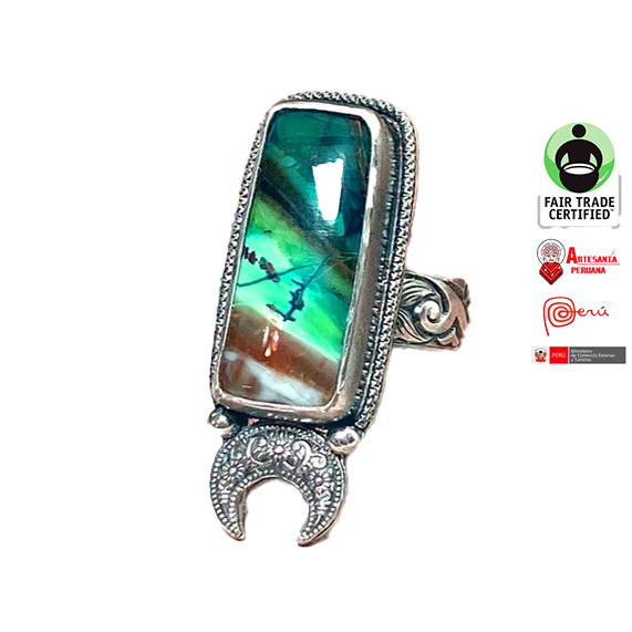 Anillo de plata de ley con opalo peruano y madera
