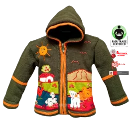 Cardigan bordado forrado de Fleece con temas andinos en Arpillera