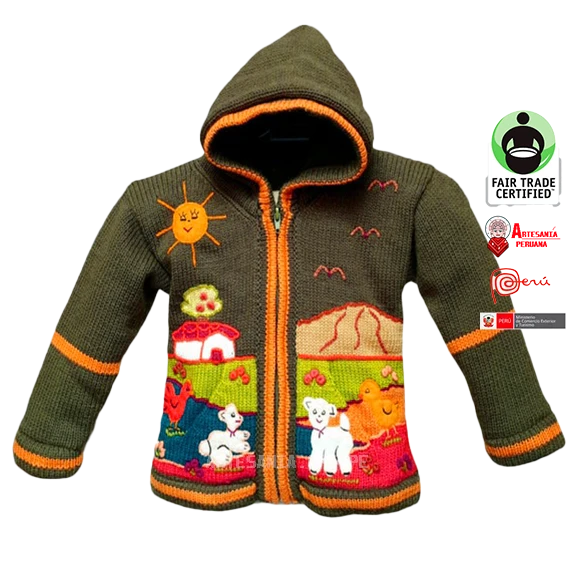 Cardigan bordado forrado de Fleece con temas andinos en Arpillera