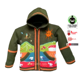 Cardigan bordado forrado con temas andinos en Arpillera